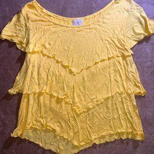 Steven Edwards Women Small Yellow Layered Ruffle Short Sleeve Blouse Top‎ (U)